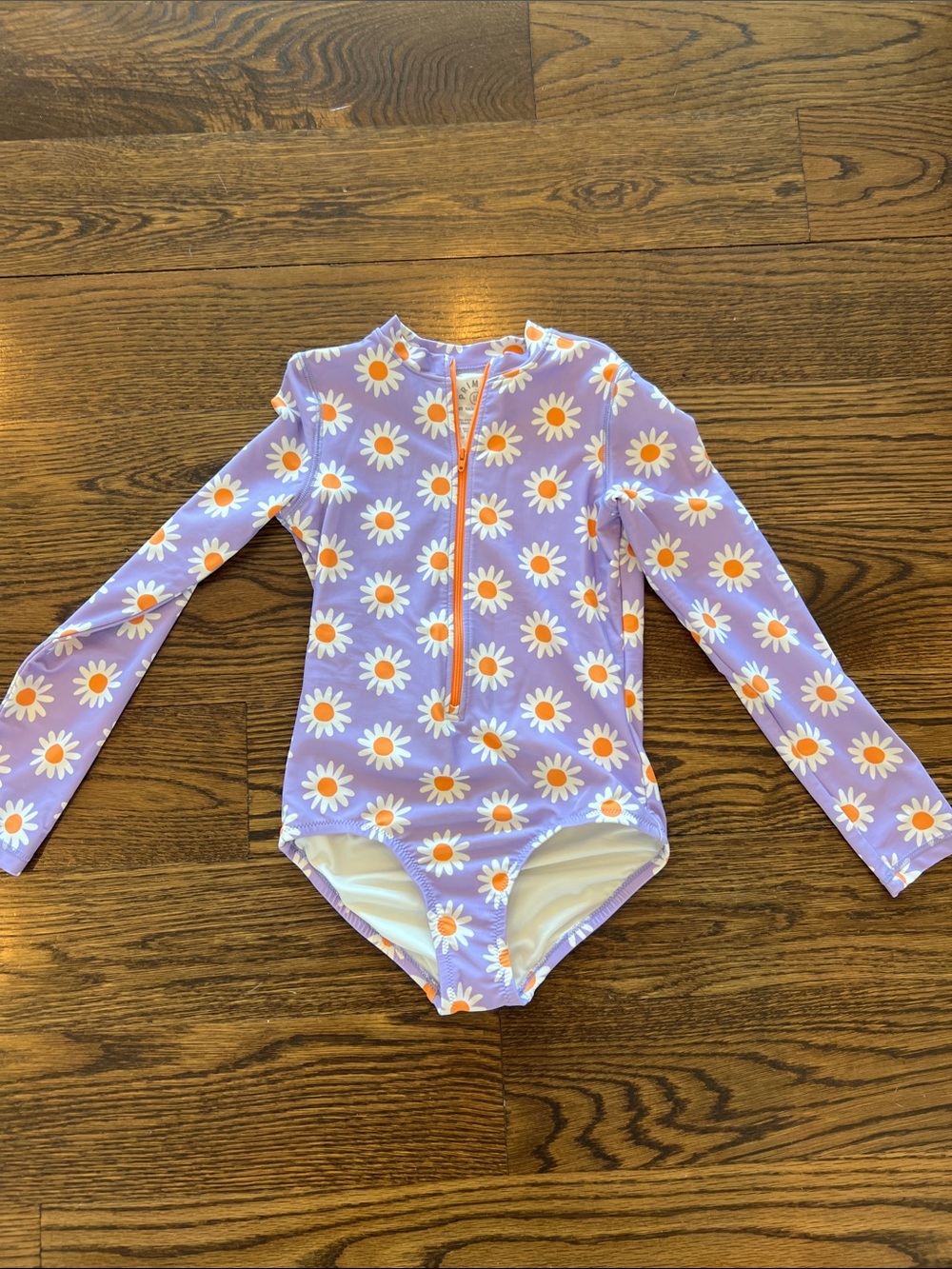 Primary Purple One-Piece Bathing Suit with White & Orange Daisy Print